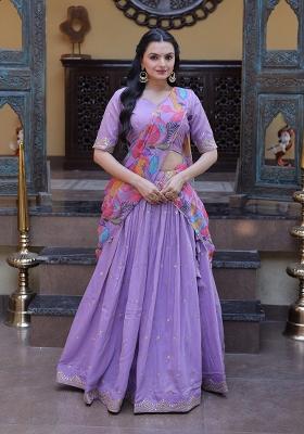 Lavender Embroidered Silk Lehenga Set