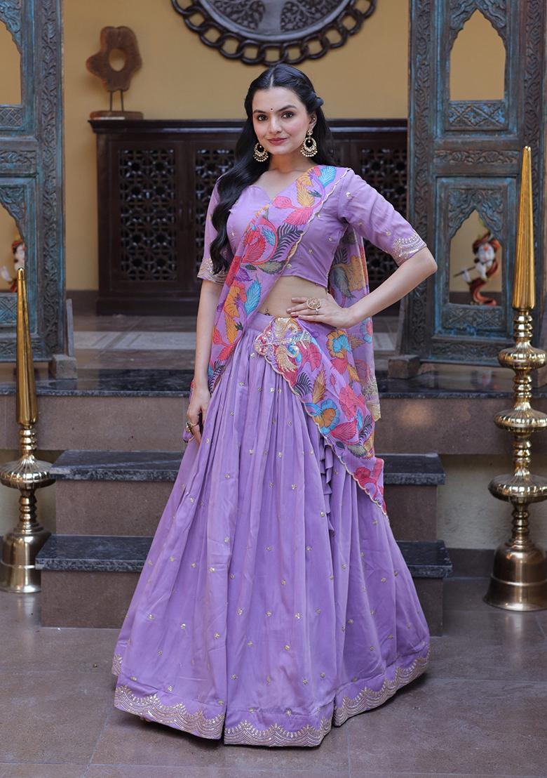 Lavender Embroidered Silk Lehenga Set - Indya