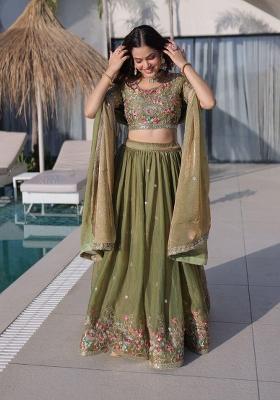 Mehendi Embroidered Silk Lehenga Set