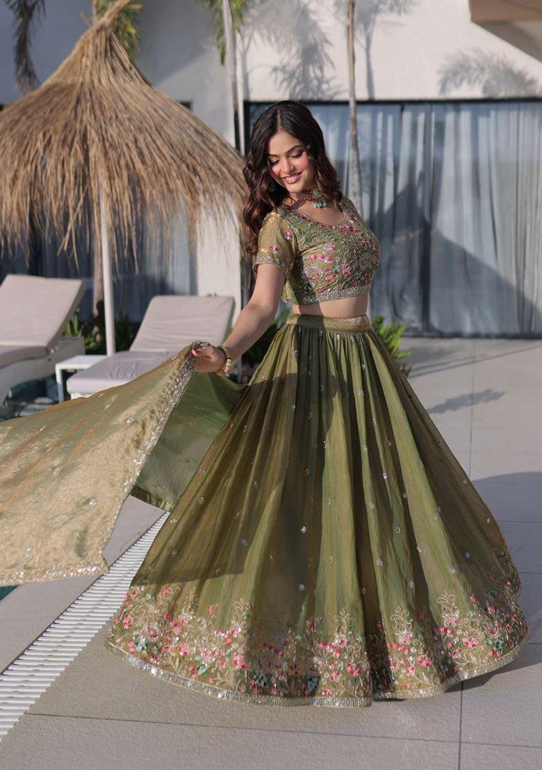 Mehendi Embroidered Silk Lehenga Set - Indya