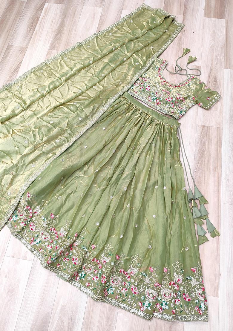 Mehendi Embroidered Silk Lehenga Set - Indya