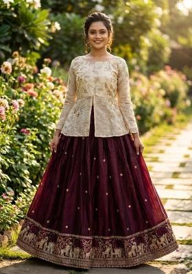 Maroon Embroidered Silk Lehenga Set