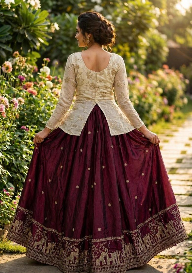 Maroon Embroidered Silk Lehenga Set - Indya
