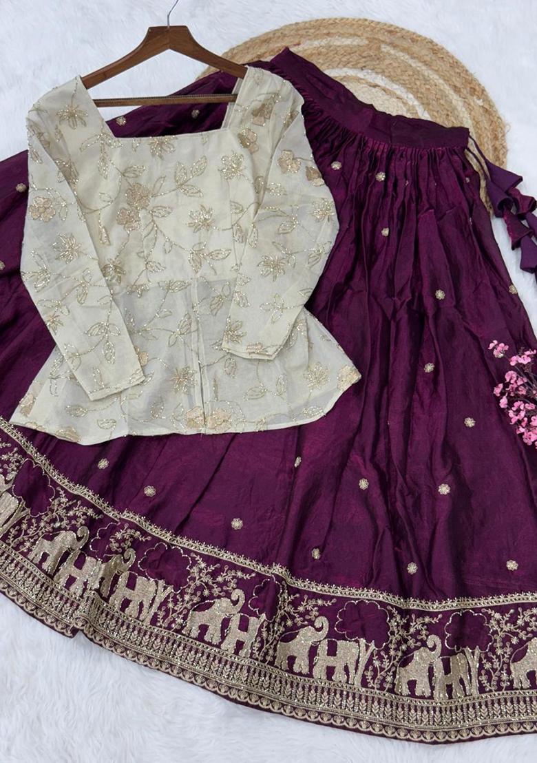 Maroon Embroidered Silk Lehenga Set - Indya