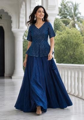 Navy Blue Embroidered Satin Lehenga Set