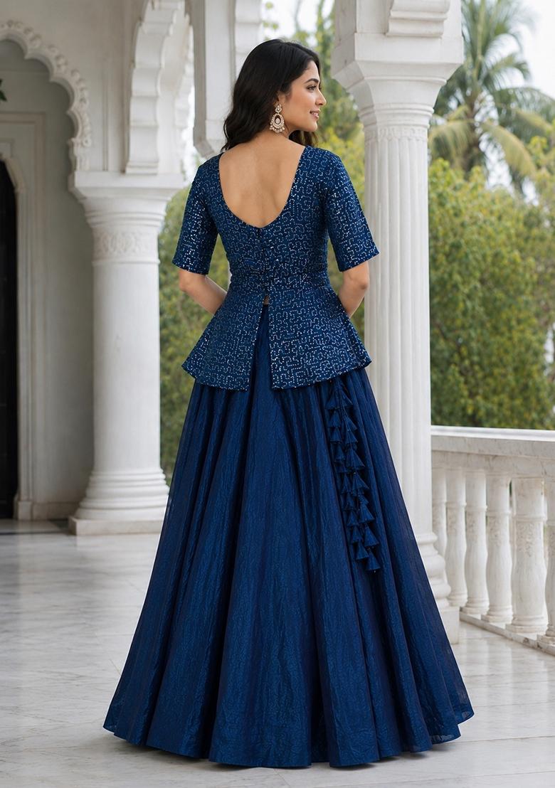 Navy Blue Embroidered Satin Lehenga Set - Indya