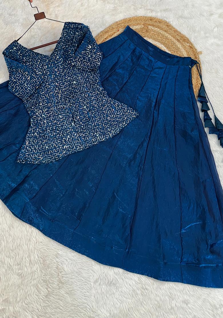 Navy Blue Embroidered Satin Lehenga Set - Indya