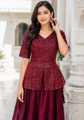 Maroon Embroidered Satin Lehenga Set