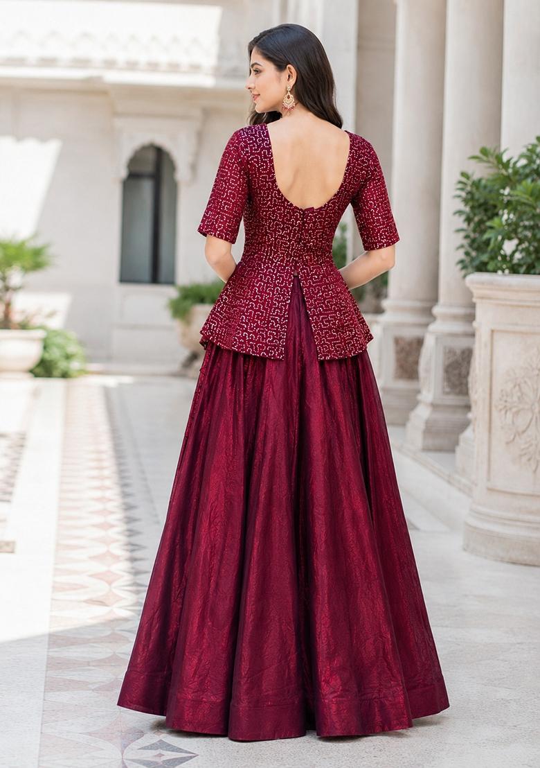 Maroon Embroidered Satin Lehenga Set - Indya