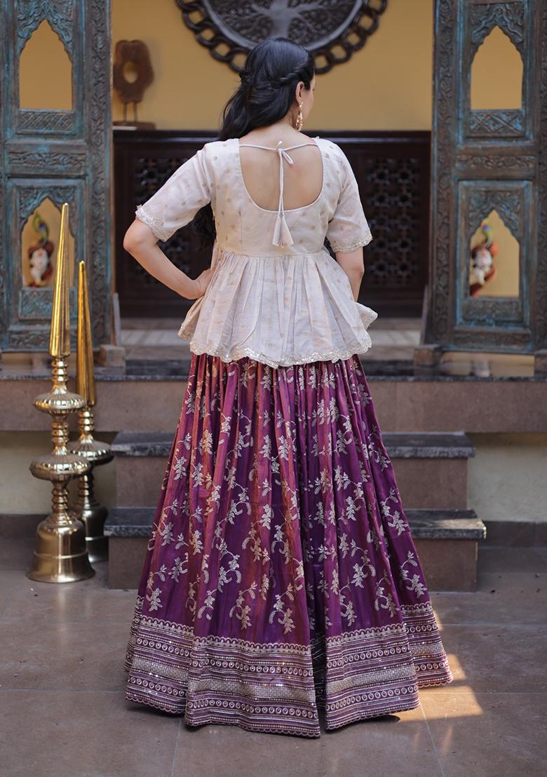 Wine Embroidered Viscose Lehenga Set - Indya