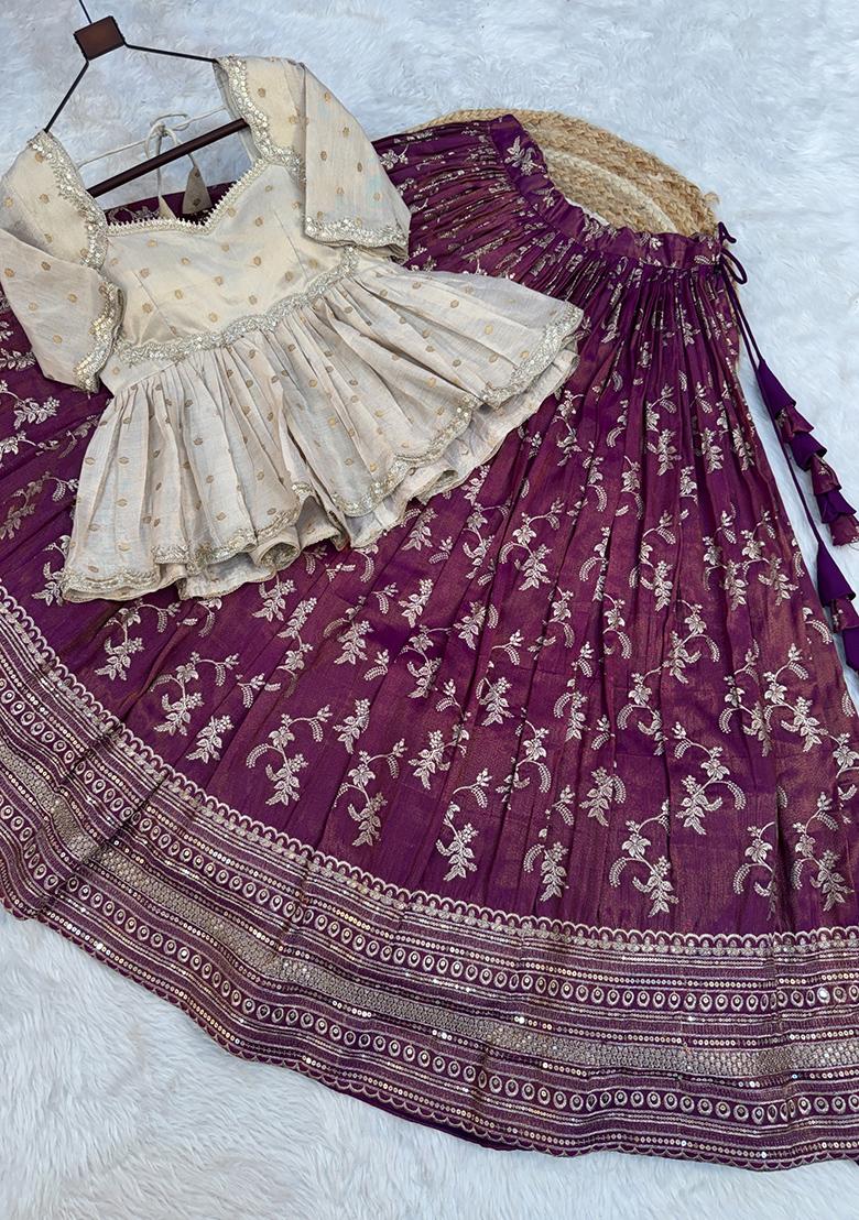 Wine Embroidered Viscose Lehenga Set - Indya