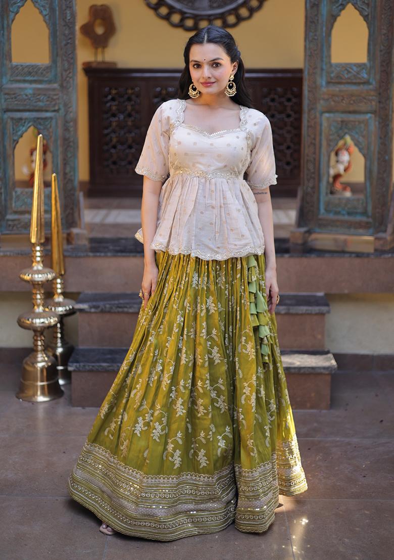Green Embroidered Viscose Lehenga Set - Indya