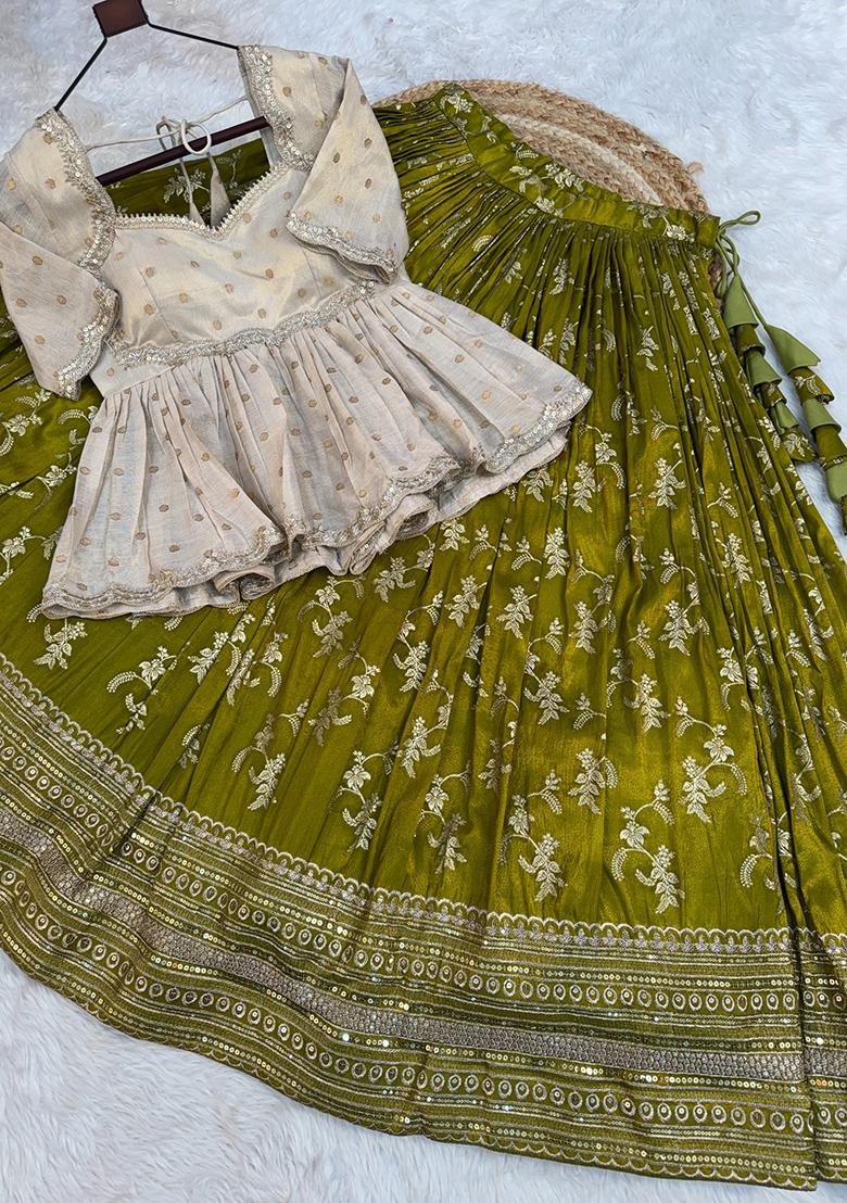 Green Embroidered Viscose Lehenga Set - Indya