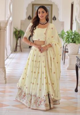 Off White Embroidered Silk Lehenga Set