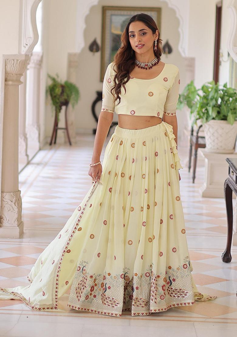 Off White Embroidered Silk Lehenga Set - Indya
