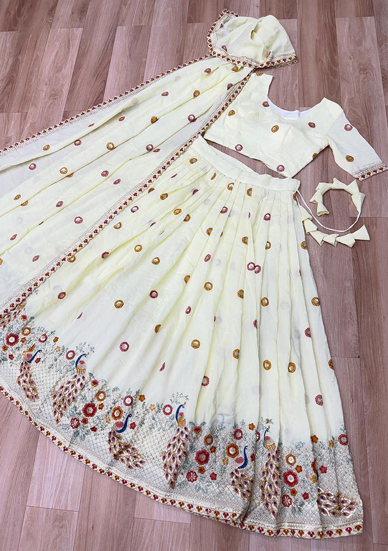 Off White Embroidered Silk Lehenga Set - Indya