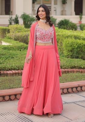 Peach Embroidered Georgette Lehenga Set