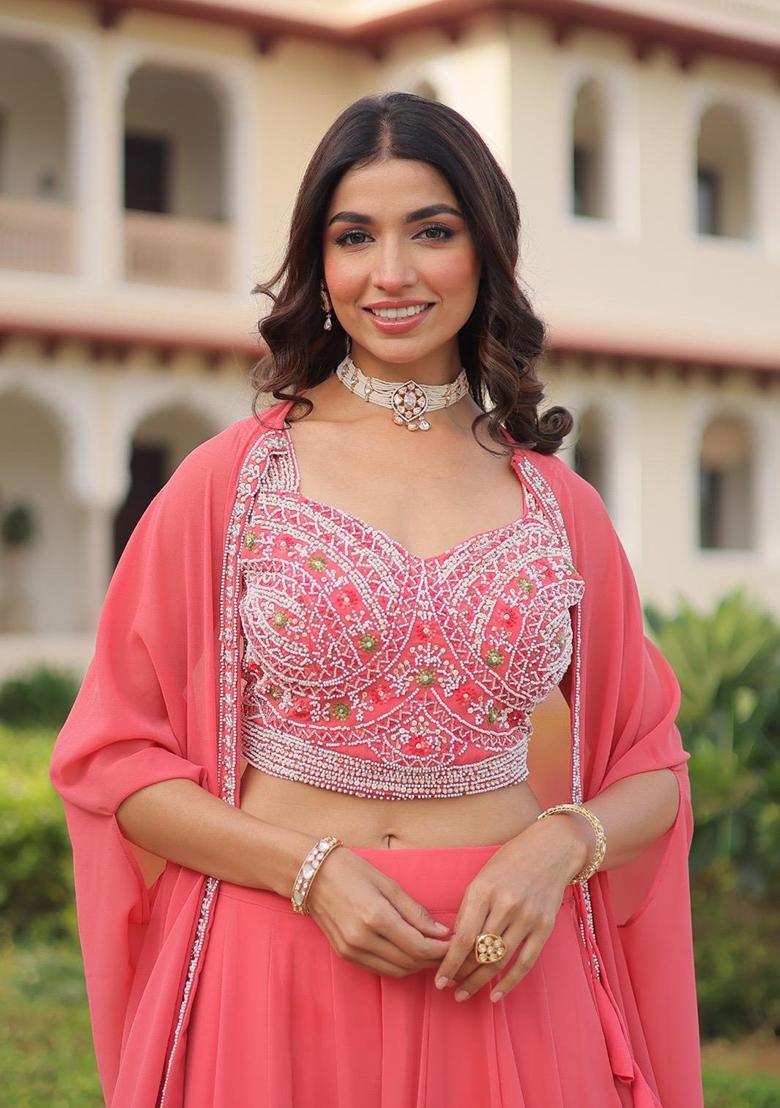 Peach Embroidered Georgette Lehenga Set - Indya