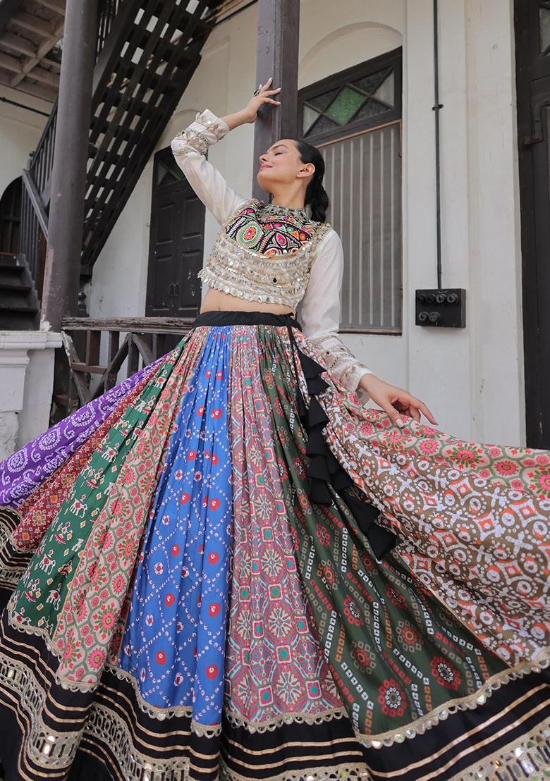 Multicolor Mirror Work Cotton Lehenga Set - Indya