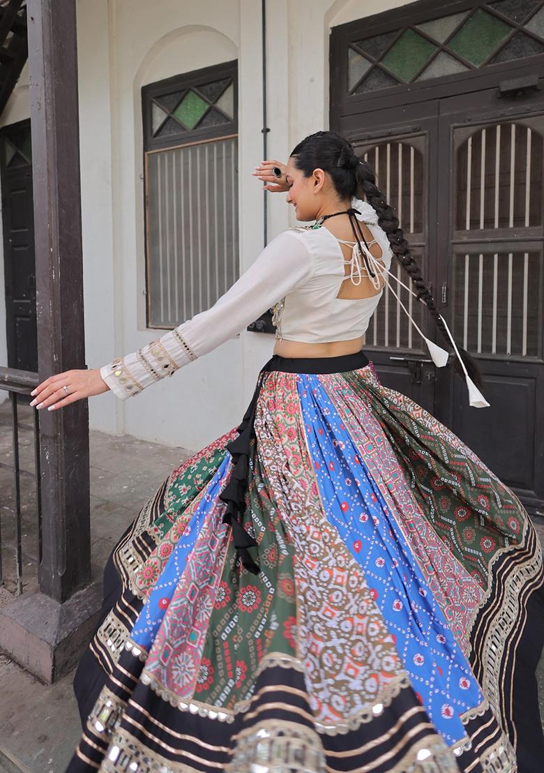 Multicolor Mirror Work Cotton Lehenga Set - Indya