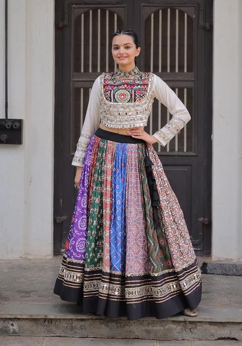 Multicolor Mirror Work Cotton Chaniya Choli Set For Navratri And Garba