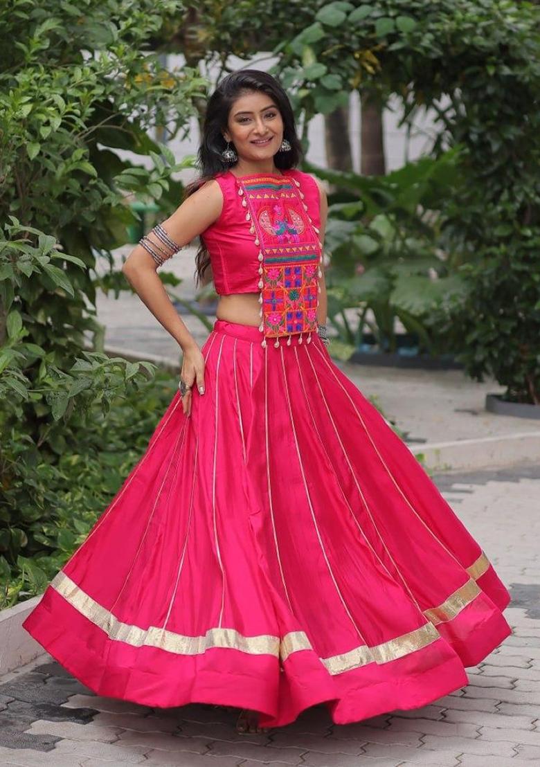 Red Mirror Work Cotton Lehenga Set - Indya