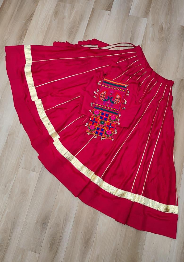 Red Mirror Work Cotton Lehenga Set - Indya