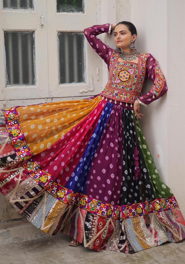 Multicolor Embroidered Georgette Lehenga Set - Indya