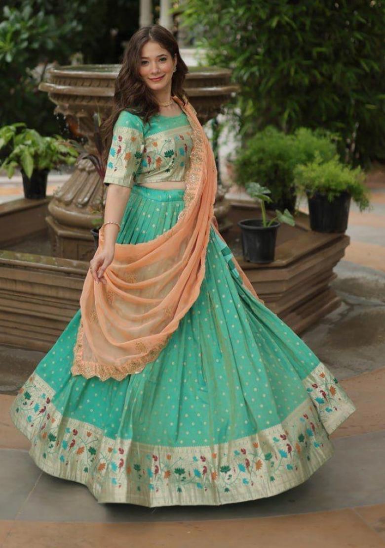 Blue Woven Design Cotton Lehenga Set - Indya