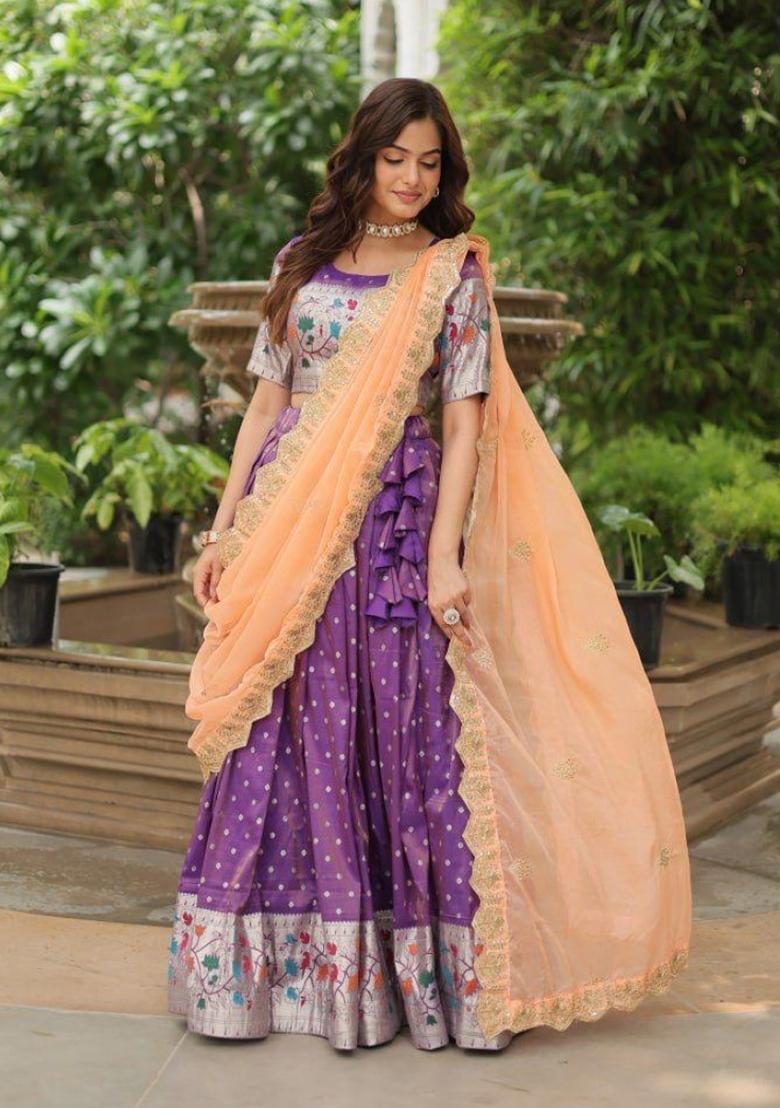 Violet Woven Design Cotton Lehenga Set - Indya