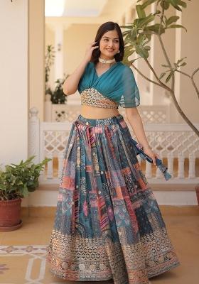 Blue Embroidered Silk Lehenga Set