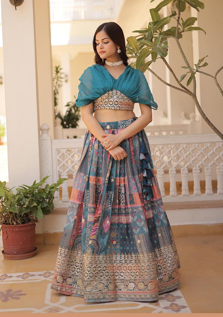 Blue Embroidered Silk Lehenga Set - Indya
