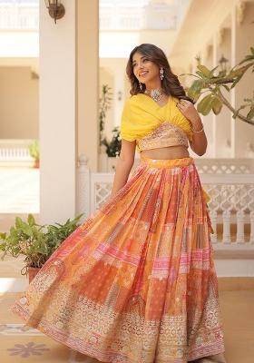 Orange Embroidered Silk Lehenga Set