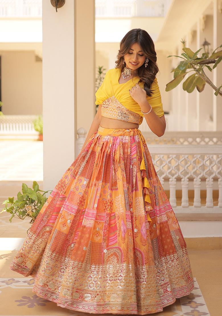 Orange Embroidered Silk Lehenga Set - Indya