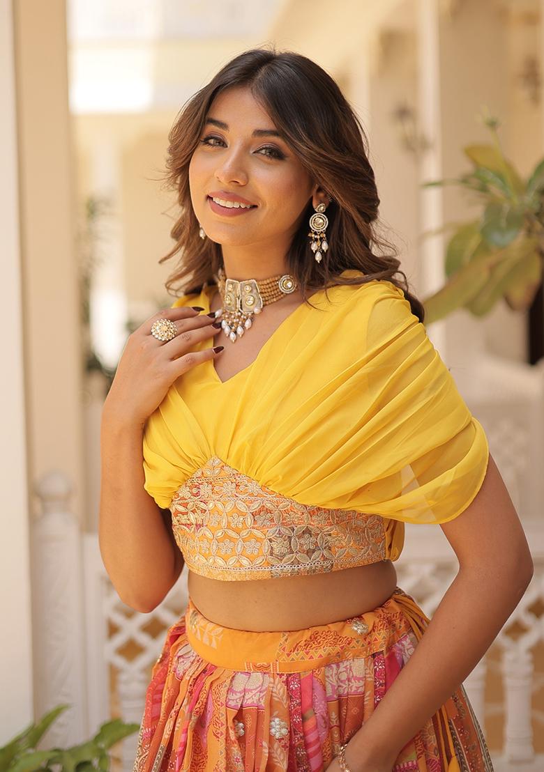 Orange Embroidered Silk Lehenga Set - Indya