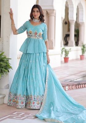Sky Blue Embroidered Silk Lehenga Set