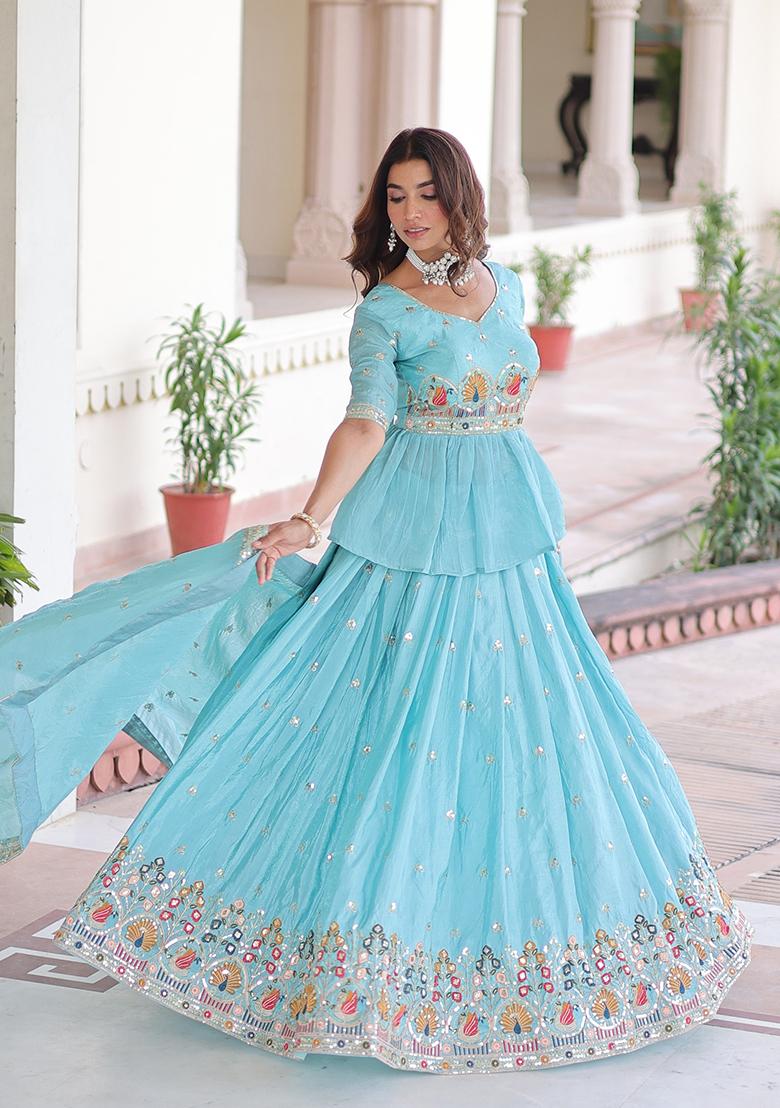 Sky Blue Embroidered Silk Lehenga Set - Indya