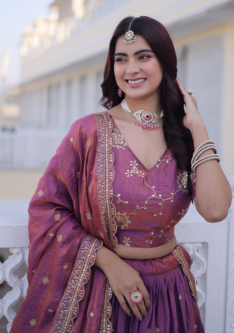 Purple Embroidered Silk Lehenga Set - Indya