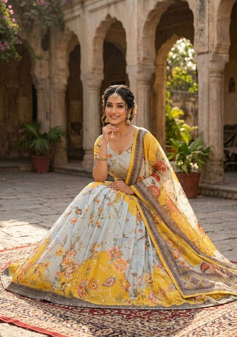 Yellow Embroidered Silk Lehenga Set - Indya