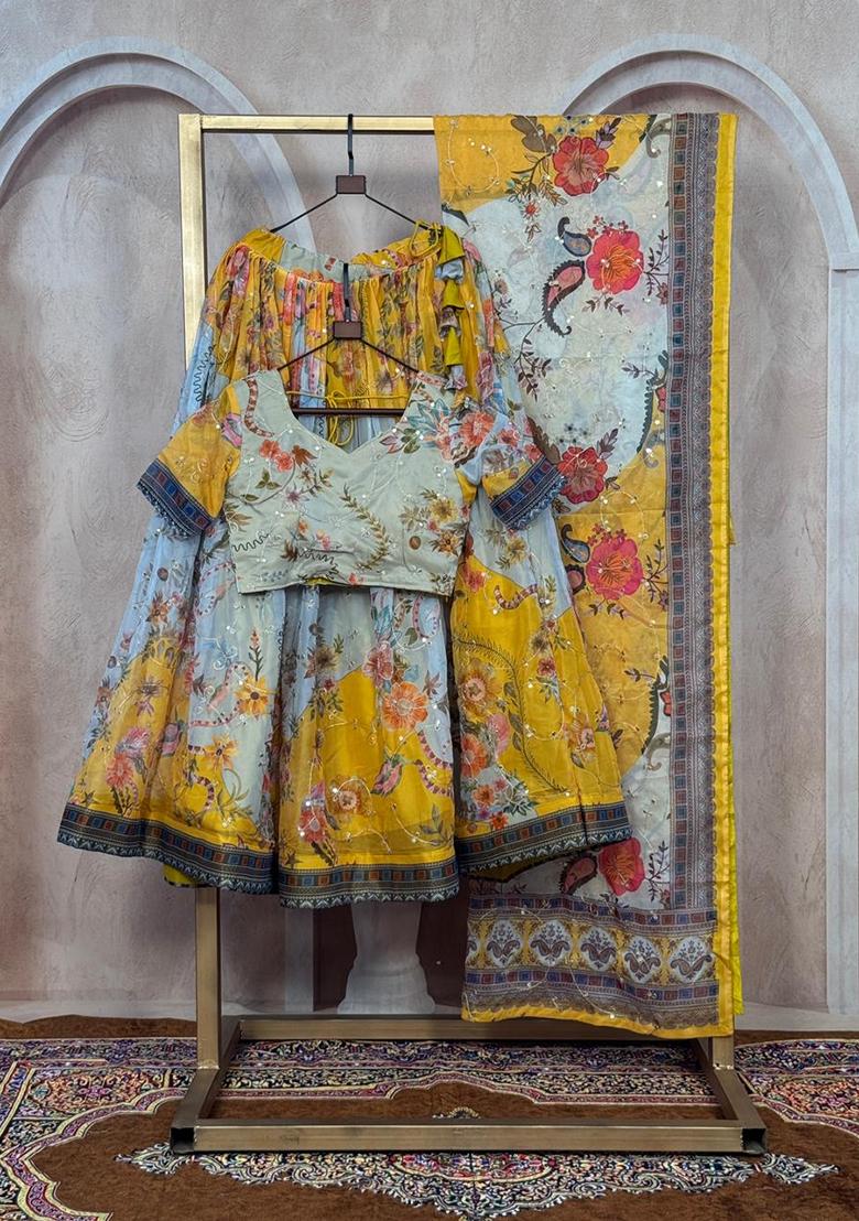 Yellow Embroidered Silk Lehenga Set - Indya