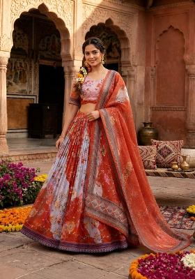Orange Embroidered Silk Lehenga Set