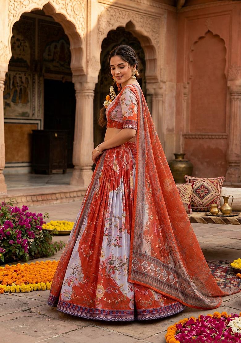 Orange Embroidered Silk Lehenga Set - Indya