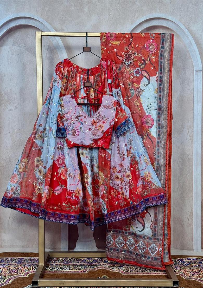 Orange Embroidered Silk Lehenga Set - Indya