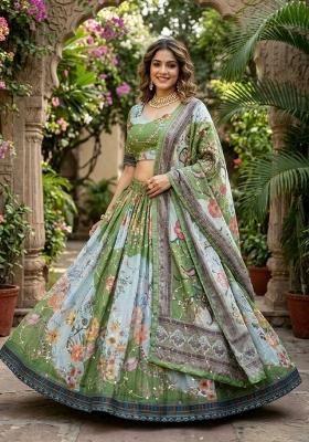 Green Embroidered Silk Lehenga Set