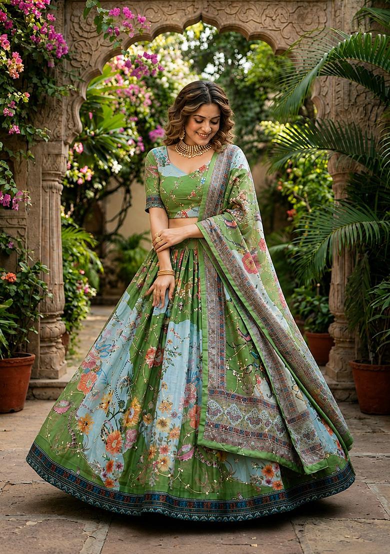 Green Embroidered Silk Lehenga Set - Indya