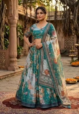 Blue Embroidered Silk Lehenga Set