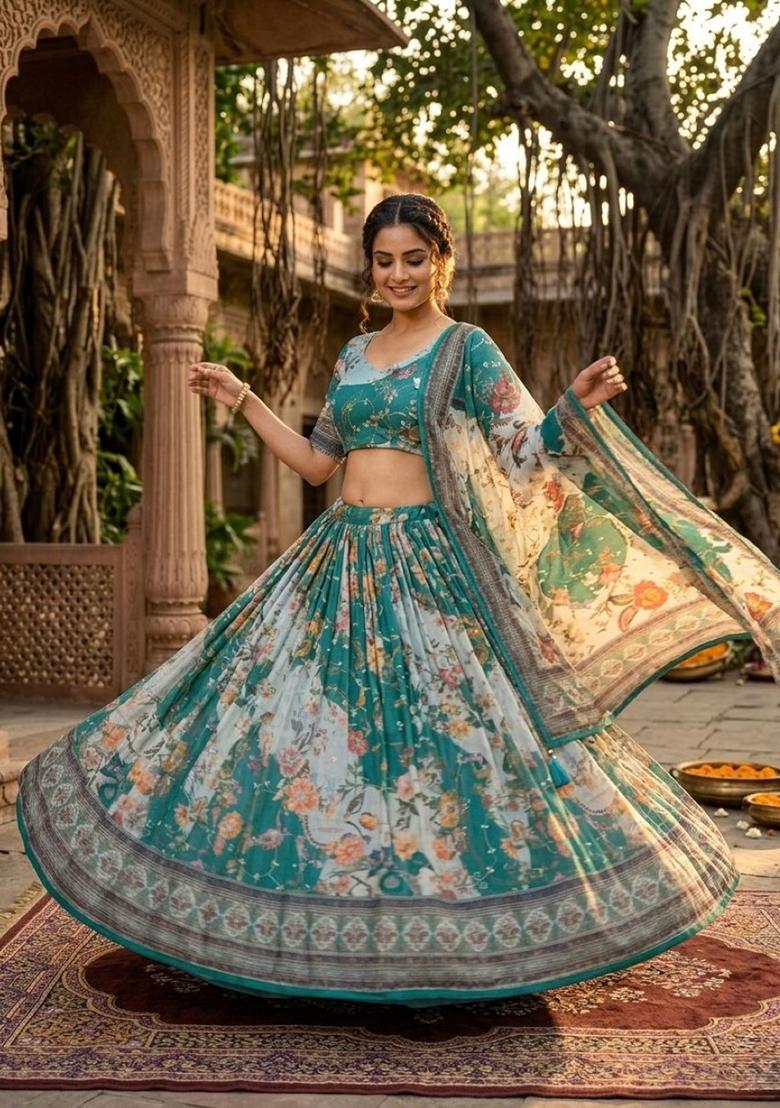 Blue Embroidered Silk Lehenga Set - Indya