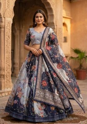 Grey Embroidered Silk Lehenga Set