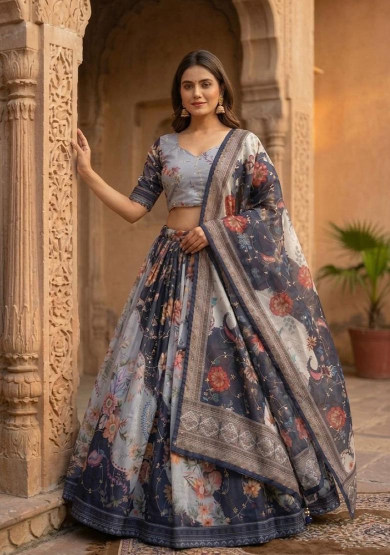 Grey Embroidered Silk Lehenga Set - Indya