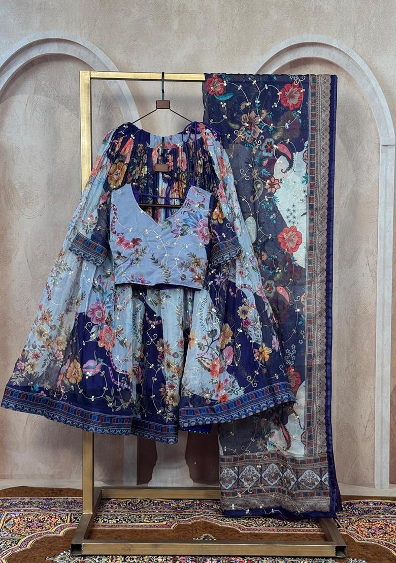 Grey Embroidered Silk Lehenga Set - Indya